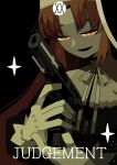  1girl black_background black_dress blonde_hair card_(medium) commentary_request cross cross-shaped_pupils dark dress english_text gloves gun handgun hands_up highres holding holding_gun holding_weapon judgement_(tarot) latin_cross light_particles long_hair looking_down magazine_(weapon) narrowed_eyes nijisanji nogugera nun nun_headdress open_mouth orange_eyes reloading ribbon roman_numeral simple_background sister_claire sister_claire_(1st_costume) smile solo sparkle symbol-shaped_pupils tarot tarot_(medium) upper_body virtual_youtuber weapon white_gloves white_ribbon 