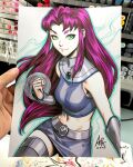  1girl art_tools_in_frame artist's_hand_in_frame blue_outline breasts closed_mouth commentary dc_comics english_commentary forehead_jewel green_eyes highres long_hair looking_at_viewer marker_(medium) midriff navel outline pencil_skirt photo_(medium) pink_hair purple_shirt purple_skirt shirt signature skirt sleeveless smile solo stanley_lau starfire tamaranean teen_titans traditional_media white_background 