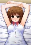  armpits arms_up bed brown_eyes brown_hair hagiwara_yukiho highres idolmaster idolmaster_(classic) lying oomugi_genmai open_mouth pillow short_hair solo 