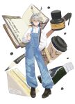  1girl absurdres alternate_costume alternate_hair_length_(shorter) arknights bag blonde_hair blue_hair blue_jumpsuit book brown_shoes chinese_text closed_mouth commentary cup disposable_coffee_cup disposable_cup dragon_bean_(arknights) dragon_girl dragon_horns earrings english_commentary food green_eyes grey_hair hair_between_eyes hair_intakes hand_in_pocket hand_up highres horns inkwell jewelry jumpsuit kowasu1 light_smile long_sleeves looking_at_viewer medium_hair multiple_rings open_book oversized_object pencil pointy_ears ring sandwich shoes shu_(arknights) solo sweater white_background white_sweater 