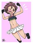  1girl armpit_peek black_gloves blush breasts brown_eyes brown_hair commentary_request double_biceps_pose eyepatch flexing full_body girls_und_panzer gloves hairband looking_at_viewer military_uniform miniskirt momogaa_(girls_und_panzer) navel ooarai_military_uniform open_mouth pink_background pleated_skirt short_hair simple_background skirt small_breasts smile solo takahashi_kurage white_skirt 