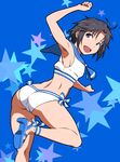  antenna_hair armpits ass bikini black_hair high_heels highres idolmaster idolmaster_(classic) kikuchi_makoto leg_lift legs looking_back open_mouth puge sailor_bikini sailor_collar sailor_swimsuit_(idolmaster) sandals short_hair smile solo star strappy_heels swimsuit 