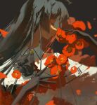  1girl absurdres arknights ascot black_ascot black_background black_gloves black_hair blunt_bangs chinese_commentary closed_eyes closed_mouth commentary_request cricifysiki flower gloves hands_up highres long_hair profile red_flower sidelocks smile solo upper_body virtuosa_(arknights) 