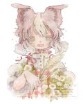  1girl animal_ears apron blush_stickers brown_hair buttons commentary_request cropped_torso dog_ears fang flower frills green_eyes high_collar highres holding_wheat multicolored_hair mura_(yoshishi_ff) open_mouth original painting_(medium) plaid_apron plaid_clothes puffy_sleeves red_apron red_ribbon ribbon shirt short_twintails smile solo tareme three-quarter_sleeves traditional_media twintails two-tone_hair watercolor_(medium) watermark white_background white_flower white_hair white_shirt 