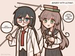  2girls black_hair blue_eyes book book_on_head brown_hair coat english_text fish fish_hair_ornament food glasses green_eyes hair_ornament highres holding lab_coat long_hair long_sleeves low_twintails multiple_girls necktie object_on_head open_mouth sailor_collar school_uniform shimeji_simulation shimejimee shirt simple_background skirt speech_bubble taiyaki tsukishima_shijima's_sister twintails twitter_username wagashi yomikawa_(shimeji_simulation) 