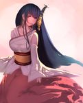  black_hair breasts detached_sleeves fusou_(kantai_collection) hair_in_mouth headgear highres japanese_clothes kantai_collection large_breasts long_hair mouth_hold red_eyes ryu_(leon_esoragotonooto) solo very_long_hair 