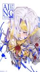  1girl armor blonde_hair commentary_request gauntlets grey_eyes highres jewelry kromer_(project_moon) limbus_company looking_at_viewer looking_up multicolored_hair oboro_sn pendant project_moon purity_seal short_hair simple_background smile solo upper_body white_background white_hair 