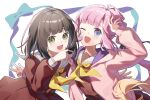  2girls anyoji_hime arm_up black_hair black_ribbon blonde_hair blue_bow blue_ribbon blunt_bangs blunt_ends bob_cut bow brown_dress commentary dress gradient_hair green_eyes hair_ribbon hand_up hasu_no_sora_school_uniform highres hood hood_down hooded_jacket jacket long_hair long_sleeves looking_at_viewer love_live! love_live!_hasu_no_sora_jogakuin_school_idol_club momose_ginko multi-tied_hair multicolored_hair multiple_girls neckerchief open_clothes open_hand open_jacket pink_hair pink_jacket ponytail ribbon ruoguiling sailor_collar sailor_dress school_uniform short_hair simple_background very_long_hair virtual_youtuber w white_background white_sailor_collar winter_uniform yellow_neckerchief 