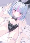  1girl absurdres animal_ear_hairband animal_ears barefoot bed black_bow black_bowtie black_leotard blue_hair bow bowtie breasts commentary_request detached_collar fake_animal_ears from_above hairband highres kou_(10_no_cut) leotard medium_breasts multicolored_hair original pink_eyes pink_hair playboy_bunny rabbit_ears short_hair smile solo strapless strapless_leotard streaked_hair thigh_strap two_side_up wrist_cuffs 