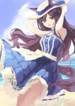  1girl animal_ears arms_up bare_shoulders beach blue_dress blue_sky breasts brown_hair cloud commentary_request criss-cross_halter dress ears_through_headwear halterneck hat highres horse_ears horse_girl horse_tail long_hair looking_at_viewer mejiro_dober_(sapphire_sojourn)_(umamusume) mejiro_dober_(umamusume) ocean official_alternate_costume open_clothes outdoors purple_eyes sash sky sleeveless sleeveless_dress small_breasts smile solo straw_hat sun_hat tail tsurubami_(gaad5227) umamusume waist_sash water 