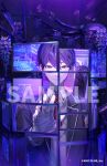  1boy akapii_(jun_0512) bandaged_hand bandages black_jacket closed_mouth collared_shirt commentary copyright_name copyright_notice flower green_eyes jacket kenmochi_touya kenmochi_touya_(1st_costume) long_sleeves looking_at_viewer male_focus monitor nijisanji official_art omamori open_hand purple_flower purple_hair purple_theme reaching reaching_towards_viewer sample_watermark school_uniform shirt short_hair smile solo sweater_vest untranslatable_commentary virtual_youtuber watermark weapon_bag white_shirt wisteria 