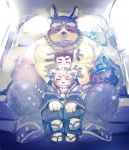  agyou anthro blush car clothing footwear fuyoudo624 goo_creature group human komainu male mammal multi_ear on_lap overweight sandals sitting_on_lap slightly_chubby third_eye tokyo_afterschool_summoners tsathoggua tusks vehicle video_games 