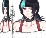  1boy androgynous blunt_bangs bra_strap choker english_commentary eyelashes hoshi_kirara jujutsu_kaisen k12ed1 male_focus medium_hair multicolored_hair off-shoulder_sweater off_shoulder purple_eyes solo spiked_choker spikes star-shaped_pupils star_(symbol) streaked_hair sweater symbol-shaped_pupils 
