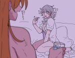  2girls blurry blush bottomless breasts commentary_request cup danna_(dng_satou) depth_of_field drinking_glass green_nails grey_eyes grey_hair highres holding holding_cup hong_meiling izayoi_sakuya long_hair missing_headwear multiple_girls nail_polish naked_shirt open_clothes open_mouth open_shirt orange_hair puffy_short_sleeves puffy_sleeves shirt short_sleeves sitting small_breasts smile tissue_box toenail_polish toenails touhou translation_request used_tissue wariza water white_shirt 