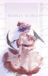  1girl ascot back_bow bat_wings bow brooch character_name chinese_commentary commentary_request frilled_wrist_cuffs frills grin hat hat_bow highres jewelry looking_at_viewer mingyueqf mob_cap pink_hat pink_shirt pink_skirt pointy_ears puffy_short_sleeves puffy_sleeves purple_hair red_ascot red_bow red_eyes red_wrist_cuffs remilia_scarlet shirt short_hair short_sleeves skirt skirt_set smile solo touhou wings wrist_cuffs 