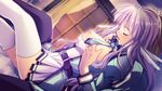  1girl between_legs breast_grab breasts breasts_outside character_request copyright_request grabbing nipples purple_hair thighhighs white_legwear yamamoto_kazue 