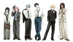  3boys 3girls alien_stage bag belt black_hair black_suit blonde_hair blush brown_hair commentary english_commentary full_body grey_hair hair_between_eyes hands_in_pockets hat highres holding holding_bag hyuna_(alien_stage) ivan_(alien_stage) long_hair long_sleeves looking_at_viewer luka_(alien_stage) miuytll mizi_(alien_stage) multiple_boys multiple_girls necktie pink_hair purple_eyes sharp_teeth short_hair simple_background smile standing sua_(alien_stage) suit teeth thick_eyebrows till_(alien_stage) vest white_background yellow_eyes 