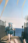  1girl artist_name bag blue_hair breasts commentary elira_pendora fang film_grain flying_sweatdrops forehead_blush head_wings heavy_breathing highres holding holding_bag large_breasts long_hair nijisanji nijisanji_en outstretched_hand photo_background pier pleated_skirt pomu_rainpuff pov pov_hands running_towards_viewer school_bag school_uniform serafuku skin_fang skirt taroko3 untranslatable_commentary virtual_youtuber wings 