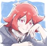  1girl blue_background bright_pupils closed_mouth commentary english_commentary eyelashes head_rest little_witch_academia looking_at_viewer mangodevourer red_eyes red_hair shiny_chariot short_hair smile solo split_mouth twitter_username white_pupils 