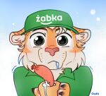  1boy animal_ear_fluff animal_ears artist_name baseball_cap blue_background collared_shirt commentary denka_psd english_commentary food furry furry_male green_eyes green_hat green_shirt hat highres holding holding_food hot_dog male_focus original portrait saliva sausage shirt solo store_clerk tiger_boy tiger_ears trembling white_background zabka_(store) 