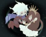  1boy 1girl absurdres artist_name black_background black_hair blonde_hair blue_cape blush blush_stickers boots bracelet cape closed_mouth cloud_strife cloud_strife_(alphreid_costume) commentary crown dress earrings english_commentary final_fantasy final_fantasy_vii final_fantasy_vii_rebirth final_fantasy_vii_remake full_body gold_bracelet gold_crown gold_earrings gold_tiara happy_tears highres jewelry light_particles long_dress long_hair looking_at_another official_alternate_costume princess_rosa_costume red_eyes seventhhavens short_hair simple_background smile spiked_hair tears tiara tifa_lockhart tifa_lockhart_(loveless_dress) white_dress 