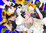  1boy 1girl absurdres animal_ears anjin_no_usagi-san_to_hare-kun anno_aano apron black_dress black_hair black_hoodie black_shoes blue_background blush breasts brown_eyes brown_shorts cellphone character_request commentary_request dress dutch_angle fang flower grey_eyes grey_socks highres holding holding_phone hood hood_down hoodie large_breasts maid maid_apron maid_headdress open_mouth parted_lips phone pinstripe_dress pinstripe_pattern puffy_short_sleeves puffy_sleeves rabbit_ears ribbed_socks ringed_eyes shoe_soles shoes short_sleeves shorts simple_background socks sunflower watermark white_apron yellow_flower 