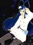  1boy androgynous antenna_hair black_pantyhose bleach bleach:_sennen_kessen-hen blue_eyes blue_hair buttons coat commentary_request eyelashes feet_out_of_frame giselle_gewelle hat highres itigo_raterate long_hair male_focus mini_hat pantyhose solo sparkle trap very_long_hair white_background white_coat 