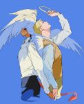  all_saints_street angel_wings back-to-back black_hair black_pants blonde_hair blue_background brown_vest cropped_legs demon_tail feathered_wings halo highres holding_halo holding_hands long_sleeves looking_up lynn_angel male_focus nick_holt pants shirt tail tensoba20230223 vest white_shirt wings yaoi 