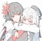  2girls beret black_coat black_hair black_hat black_shirt closed_mouth coat collared_shirt commentary_request crown flower gloves gradient_hair hair_flower hair_ornament hat hat_flower hat_ribbon highres hug lionet0806 long_hair long_sleeves mahou_shoujo_no_majo_saiban mini_crown multicolored_hair multiple_girls necktie nikaido_hiro pink_eyes pink_hair red_eyes red_flower red_necktie ribbon sakuraba_ema shirt short_hair simple_background sleeveless sleeveless_coat white_background white_flower white_gloves white_hair white_shirt white_sleeves x_hair_ornament yuri 