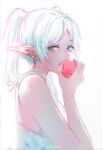  1girl absurdres apple artist_name bare_arms bare_shoulders commentary earrings eating elf english_commentary food frieren from_side fruit green_eyes hand_up highres holding holding_food holding_fruit jewelry long_hair looking_at_viewer morted_art pointy_ears solo sousou_no_frieren tank_top teardrop_earrings twintails upper_body white_background white_hair white_tank_top 