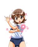  1girl azukino_anko_(manjuverunu) blush_stickers breasts brown_eyes brown_hair buruma cowboy_shot fighting_stance game_asset glowing gym_shirt gym_uniform hands_up large_variant_set lowres magic manjuverunu_no_sen_otome non-web_source official_art open_mouth self-datamine shirt short_sleeves simple_background siubomanjyu small_breasts solo standing tachi-e transparent_background v-shaped_eyebrows variant_set 