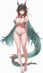  1girl absurdres alternate_costume animal_print arknights arknights:_endfield bell bikini black_hair blush breasts cleavage closed_mouth collar commentary_request cow_print cow_print_bikini dragon_girl dragon_horns dragon_tail eastern_dragon_horns eastern_dragon_tail full_body green_eyes green_hair highres horns large_breasts long_hair looking_at_viewer multicolored_hair navel pointy_ears print_bikini red_hair red_horns revision sideboob simple_background smile solo standing stomach swimsuit tail toes underboob uof white_background zhuang_fangyi_(arknights) 