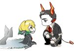  1boy 1girl absurdres black_hair black_jacket blonde_hair blue_jacket brooch capote_(e.g.o) collared_shirt commentary cow_tail don_quixote_(project_moon) e.g.o_(project_moon) english_commentary fins fluid_sac_(e.g.o) green_eyes head_fins highres jacket jewelry light_blush limbus_company meurdon meursault_(project_moon) necktie project_moon red_necktie shirt simple_background smile tail water white_background white_shirt yellow_eyes 