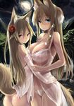  animal_ears ass babydoll blue_eyes blush breasts brown_hair cleavage flower fox_ears fox_tail haik hair_flower hair_ornament highres kokonoe_hisagi kokonoe_tsubaki large_breasts long_hair multiple_girls original panties parted_lips revision tail underwear wet white_panties 