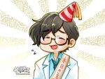  1boy black-framed_eyewear black_necktie blue_shirt blush brown_hair closed_eyes coat collared_shirt commentary_request facial_hair flying_sweatdrops glasses goatee_stubble male_focus maruki_takuto mini_party_hat nanahou_(togawa_togame) necktie persona persona_5 persona_5_the_royal sash shirt short_hair signature smile solo stubble upper_body white_coat 