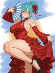 1girl absurdres argentinian_flag ass black_shoes breasts closed_mouth commentary_request detached_sleeves dress earrings english_commentary flower folding_fan frilled_sleeves frills gold_earrings hair_bun hair_flower hair_ornament halter_dress halterneck hand_fan hatsune_miku high_heels highres holding holding_fan holding_own_dress hoop_earrings jewelry large_breasts red_dress red_flower reus_(cetta) shoes short_hair single_hair_bun sleeveless sleeveless_dress smile solo spanish_commentary standing standing_on_one_leg vocaloid 