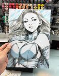  1girl art_tools_in_frame artist's_hand_in_frame blonde_hair blue_eyes breasts cape collar commentary ear_piercing emma_frost english_commentary fur_cape large_breasts long_hair looking_to_the_side marker_(medium) marvel parted_lips photo_(medium) piercing signature solo stanley_lau traditional_media upper_body white_collar x-men 