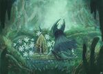  1boy aizawa_sachi arthropod_boy arthropod_limbs blue_cloak cloak colored_skin commentary_request everbloom_(hollow_knight) facing_away flower grass green_skin hollow_knight horns looking_at_object male_focus plant queen's_gardens_(hollow_knight) sitting solo spikes stairs tombstone traitor_lord_(hollow_knight) vines white_flower 