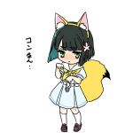  1girl :< animal_ear_hairband animal_ears black_hair blue_dress blunt_bangs blunt_ends bob_cut brown_shoes closed_mouth commentary_request dress embarrassed fake_animal_ears fake_tail fox_ears fox_tail frown full_body green_eyes hairband hasu_no_sora_school_uniform loafers looking_at_viewer love_live! love_live!_hasu_no_sora_jogakuin_school_idol_club medium_dress momose_ginko neckerchief paw_pose pleated_dress puffy_short_sleeves puffy_sleeves sailor_collar sailor_dress school_uniform shinanoya_(satanicad) shoes short_hair short_sleeves simple_background socks solo summer_uniform tail translated virtual_youtuber white_background white_sailor_collar white_socks yellow_neckerchief 