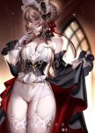  1girl absurdres artist_name bare_shoulders biting biting_glove black_sleeves blue_eyes blurry blurry_background blush braid braided_base breasts brown_hair bun_with_braided_base cleavage commentary cowboy_shot detached_sleeves dress genshin_impact gloves hair_bun hand_up headdress high-low_dress highres holding_own_dress large_breasts light_particles long_sleeves looking_at_viewer looking_to_the_side paid_reward_available revision ringeko-chan sandrone_(genshin_impact) short_hair_with_long_locks shorts sideways_glance solo strapless strapless_dress thighhighs turning_head two-sided_fabric white_gloves white_shorts white_thighhighs 