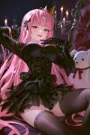  1girl absurdres arm_behind_head azit_(down) bell_sleeves black_corset black_dress black_flower black_gloves black_ribbon black_rose black_thighhighs blurry blurry_background breasts candle candlestand commentary corset crown dress fangs flower gloves hair_ribbon hand_up highres lace-trimmed_thighhighs lace_trim large_breasts long_hair long_sleeves looking_at_viewer making-of_available open_mouth original pink_hair pointed_crown red_eyes ribbon rose short_dress sitting smile solo stuffed_animal stuffed_rabbit stuffed_toy thighhighs untranslatable_commentary very_long_hair 