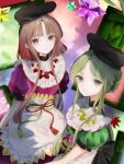  2girls apron black_bow black_hat blunt_bangs bow bowtie braid brown_hair buttons closed_mouth collared_dress door dress feet_out_of_frame from_side green_dress green_eyes green_hair green_ribbon hat high_collar highres looking_at_viewer multiple_girls natsuakari nishida_satono pink_dress puffy_short_sleeves puffy_sleeves purple_eyes red_bow red_bowtie red_ribbon ribbon short_hair_with_long_locks short_sleeves side_braid sidelocks single_braid sitting star_(symbol) tassel teireida_mai touhou upper_body waist_apron white_apron yellow_bow yellow_bowtie 