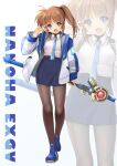  1girl absurdres black_pantyhose blue_neckerchief blue_skirt boots brown_hair collared_shirt commentary_request dress_shirt high_side_ponytail highres jacket long_hair long_sleeves looking_at_viewer lyrical_nanoha mahou_shoujo_lyrical_nanoha_exceeds:_gun_blaze_vengeance neckerchief pantyhose pleated_skirt purple_eyes raising_heart salute shirt side_ponytail sidelocks skirt solo takamachi_nanoha tsab_naval_military_uniform white_jacket white_shirt yashin_(yasinz) zoom_layer 