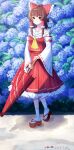  1girl absurdres artist_name ascot blue_flower bow breasts brown_eyes brown_hair closed_umbrella commentary_request dated detached_sleeves flower frilled_bow frilled_hair_tubes frilled_skirt frills full_body hair_bow hair_tubes hakurei_reimu highres holding holding_umbrella hydrangea kai_mizugame long_hair oil-paper_umbrella outdoors red_bow red_sandals red_skirt ribbon-trimmed_sleeves ribbon_trim sandals skirt skirt_set small_breasts socks solo touhou umbrella white_socks yellow_ascot 
