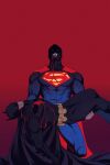  2boys bat_mask batman batman_(series) batman_symbol belt black_bodysuit black_cape blood blood_from_mouth blue_bodysuit bodysuit cape clark_kent commentary dc_comics fangs highres male_focus multiple_boys muscular muscular_male red_background red_cape red_eyes superhero_costume superman superman_(series) superman_logo utility_belt vampire xuanmai_alter 