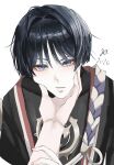  1boy 2026 bishounen black_bodysuit black_hair black_kimono black_sleeves blunt_ends bodysuit cheek_squash commentary_request covered_collarbone eyelashes eyeliner female_pov genshin_impact gold hair_intakes hand_on_another's_arm hand_on_another's_face highres japanese_clothes jazz_(texf3555) juban kimono looking_at_viewer makeup male_focus open_clothes open_kimono parted_lips portrait pov pov_hands purple_eyes purple_rope red_eyeliner red_kimono rope scaramouche_(genshin_impact) shimenawa solo white_background white_kimono white_mouth white_rope wispy_bangs 