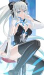  1girl absurdres akinaih black_bow black_dress black_thighhighs blue_eyes bow braid breasts choker cleavage dress fate/grand_order fate_(series) grey_hair hair_bow highres large_breasts long_hair long_sleeves looking_at_viewer morgan_le_fay_(fate) morgan_le_fay_(first_ascension)_(fate) pelvic_curtain ponytail sidelocks solo thighhighs thighs two-tone_dress very_long_hair white_dress wide_sleeves 