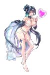  1girl absurdres anklet aqua_hair arm_behind_back armpit_crease bare_shoulders barefoot between_breasts bikini black_collar black_hair blush breasts bubble collar collarbone colored_inner_hair commentary dabrew detached_sleeves full_body goddess_of_victory:_nikke hair_bun halterneck heart_bubbles heel_up highres holding holding_swim_ring jewelry large_breasts leaning_forward little_mermaid_(nikke) little_mermaid_(shell_princess)_(nikke) long_hair long_sleeves looking_at_viewer multi-strapped_bikini_bottom multi-strapped_bikini_top multicolored_hair navel o-ring o-ring_bikini o-ring_top official_alternate_costume official_alternate_hairstyle open_mouth simple_background single_hair_bun single_thighhigh solo standing stirrup_legwear stomach strap_lift swim_ring swimsuit teeth thigh_strap thighhighs toeless_legwear two-tone_hair upper_teeth_only very_long_hair wet white_background white_bikini yellow_eyes 