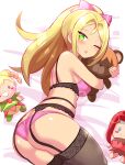  1girl ass blonde_hair blush bow bra breasts commentary_request cougar_(cougar1404) garter_belt green_eyes hair_bow holding holding_stuffed_toy lingerie long_hair looking_at_viewer lying on_side one_eye_closed open_mouth original panties pink_bra simple_background stuffed_toy thighhighs thighs underwear 