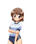  1girl azukino_anko_(manjuverunu) blush_stickers breasts brown_eyes brown_hair buruma cowboy_shot game_asset gym_shirt gym_uniform hand_on_own_arm large_variant_set lowres manjuverunu_no_sen_otome non-web_source official_art parted_lips raised_inner_eyebrows self-datamine shirt short_sleeves simple_background siubomanjyu small_breasts solo standing tachi-e transparent_background variant_set 